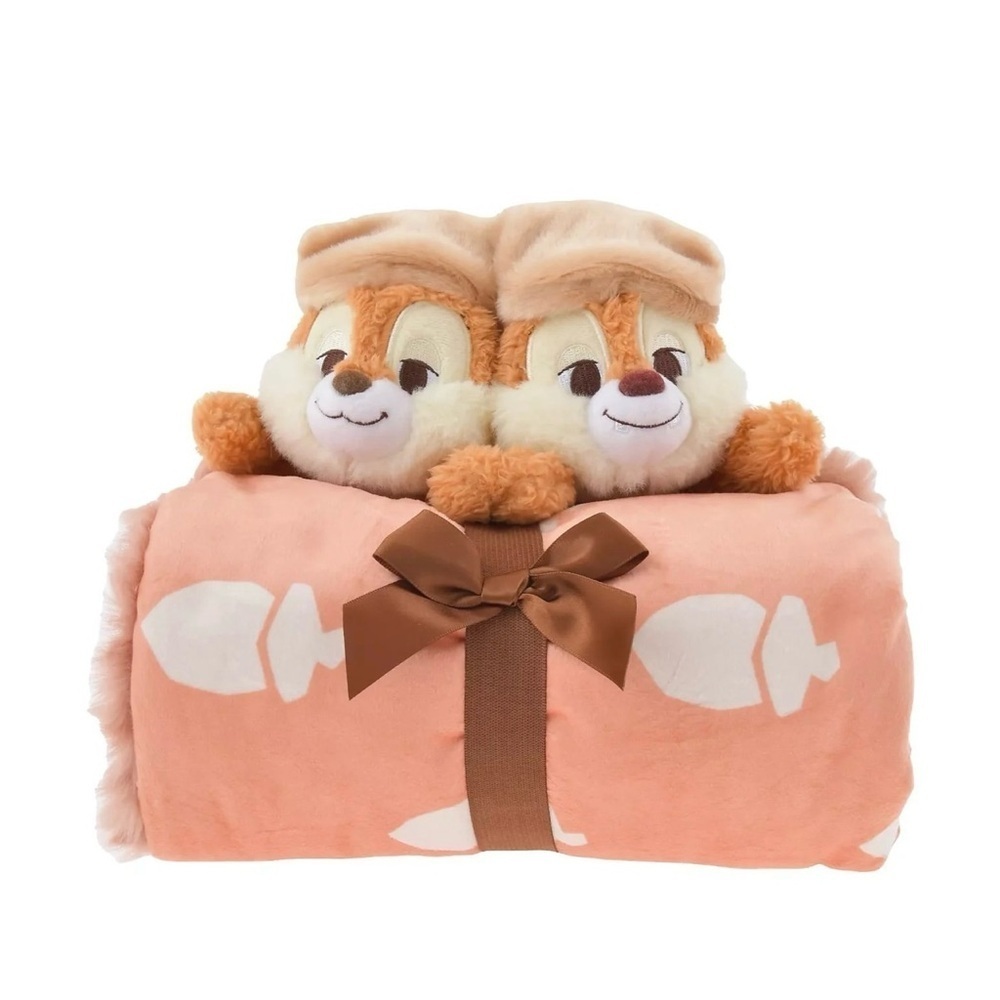 Tokyo Disney Chip and Dale Plush Toy Blanket with Brown Bow